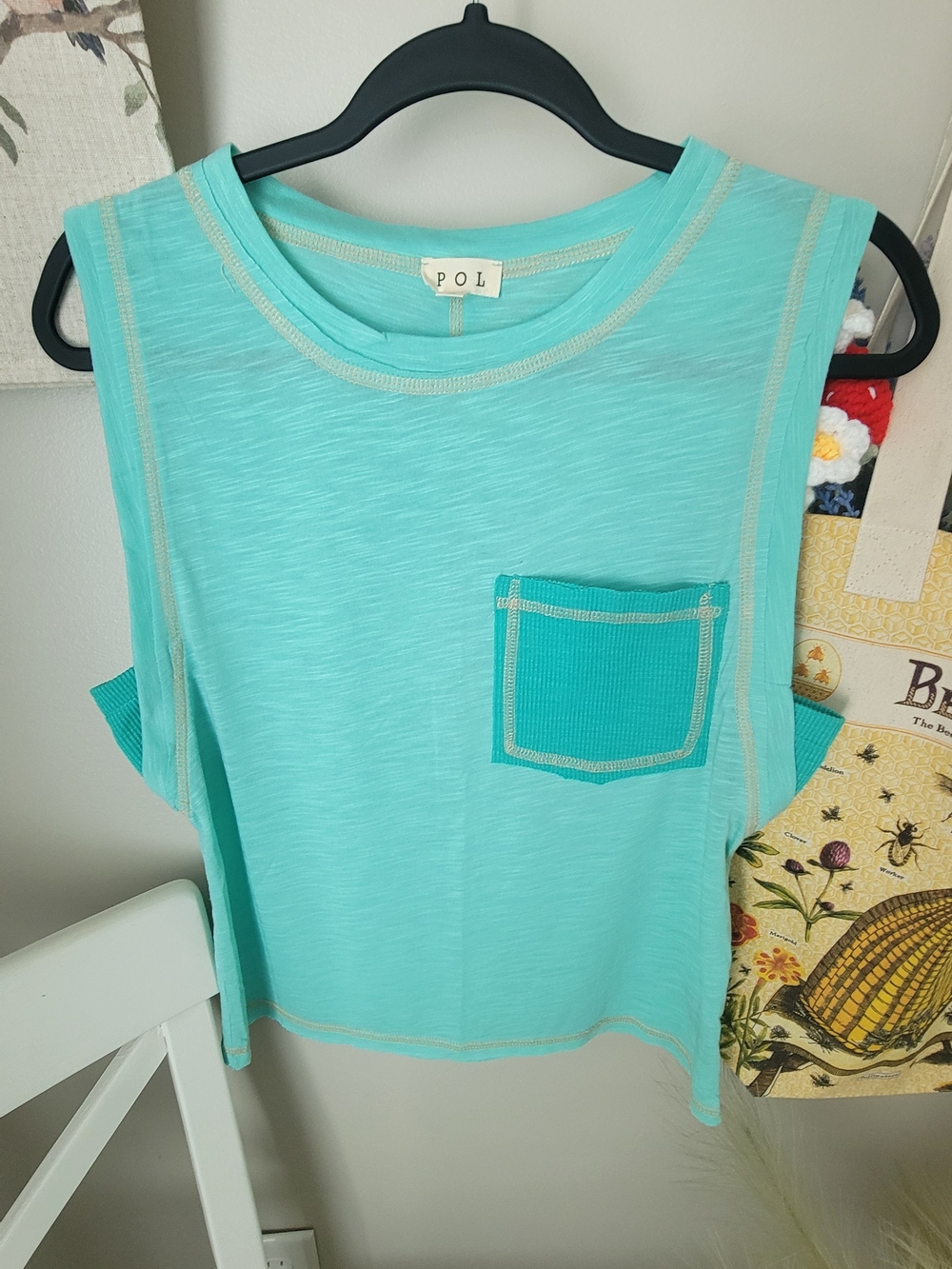 POL Aqua Pocket Muscle Tee with Contrast Stitching Size S